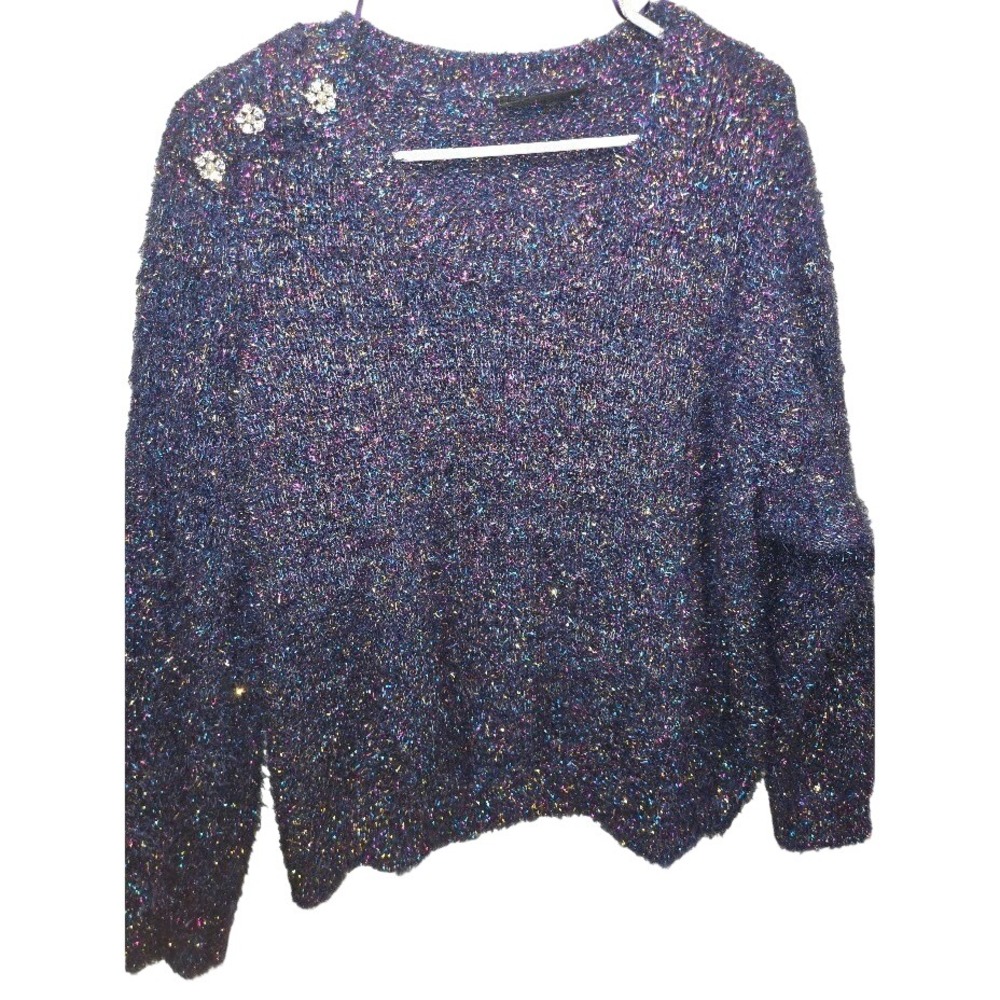 Lane Bryant Womens Purple Metallic Eyelash Knit Sweater Rhinestone Flower 22/24